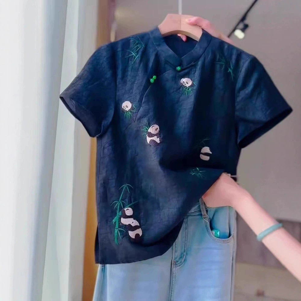 Новая женская рубашка с короткими рукавами в китайском стиле в национальном стиле с ароматной облачной пряжей и вышивкой панды, летний стиль, уменьшающий возраст топ с черепаховым трещинами