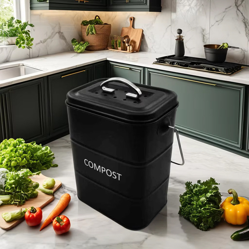 Cross-border Rectangular Vegetable and Fruit Recycling Bucket Household Fermentation Trash Bin with Lid Kitchen Metal Handle Compost Tank