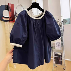韓国系高級感のある大きな襟元の丸首半袖の子供服の女性の夏の年齢を減らします。