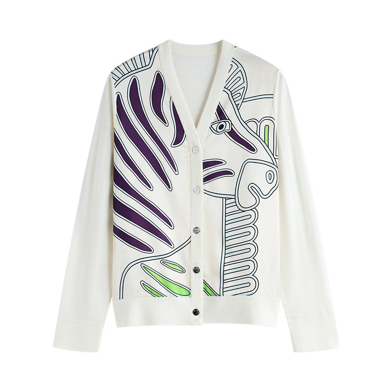 2025 Autumn and Winter New V-Neck Long-Sleeved Zebra Knitted Cardigan Women's High-End Elegant Splicing Mulberry Silk Top