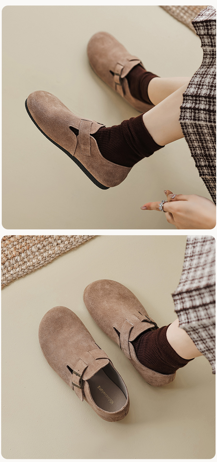 2024 New Women's Genuine Leather Winter Outwear with Plush Shoes Flat Sole, One Step Milard Retro Soft Sole Bucken Single Shoes_voghion.com