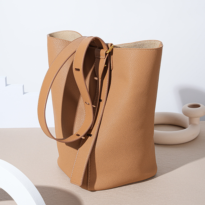 Ins Niche Design Luxury Genuine Leather Women's Shoulder Bag, Light Luxury Commuter Cowhide Large Capacity Crossbody Bucket Bag - Thumbnail 6