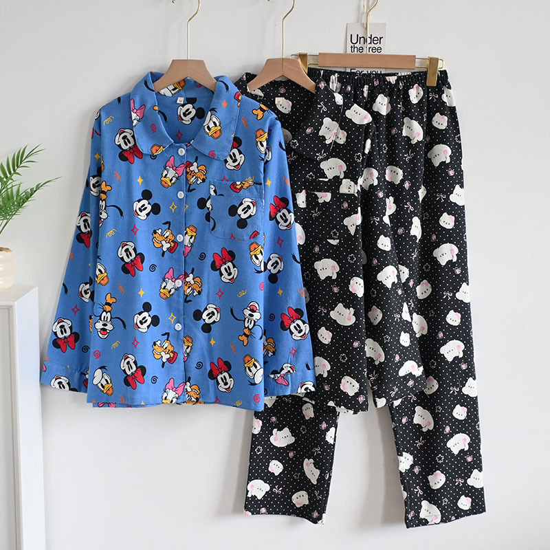 Korean Style Pajamas for Women Spring, Autumn and Winter Thin Cotton Cartoon Cardigan Long-Sleeved Pants Lapel Cotton Brushed Home Clothes Set