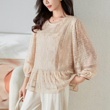 杭州丝绸新款高品质100真丝重工刺绣桑蚕丝上衣圆领短袖妈妈T恤