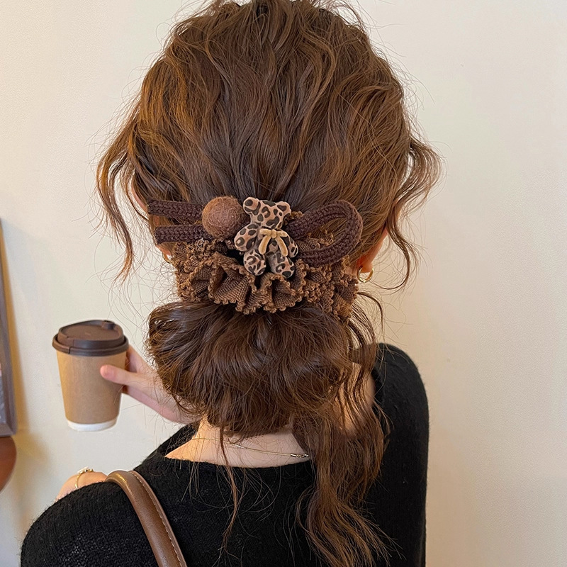 Leopardo estampado oso cabello bolas de pelo intestino grueso anillo de cabello femenino de alta calidad baja cola de caballo correa cabeza de cabello cuerda de cabello cuerda de cabello invierno