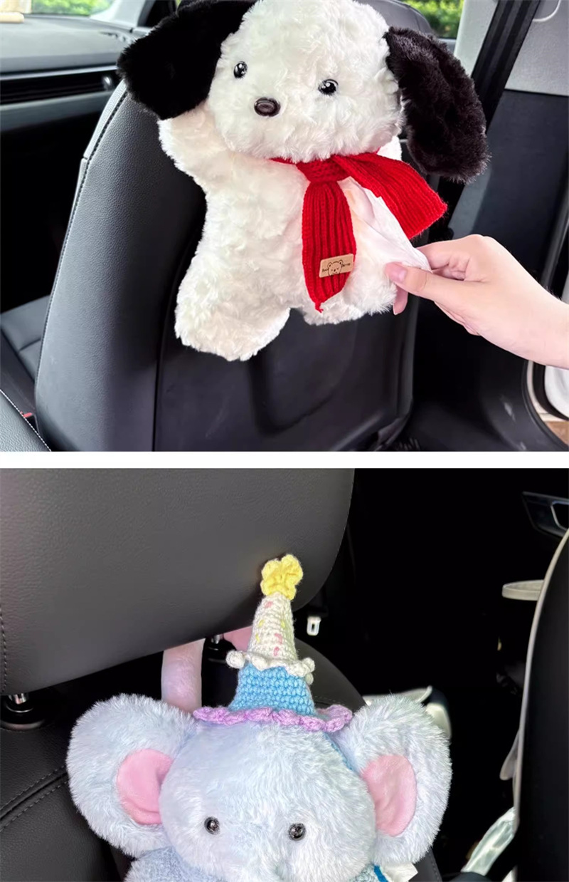Cute Little Elephant Car Tissue Box Car Seat Back Hanging Tissue Box Household Plush Doll Tissue Bag