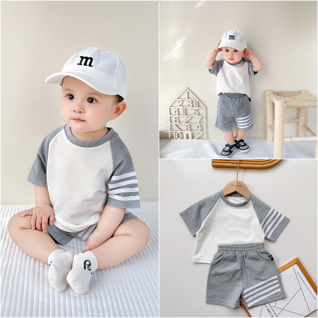 INS traje infantil estilo coreano de cuatro barras de verano manga raglán camisa de manga corta niños y niñas pantalones cortos de bebé de color a juego de moda