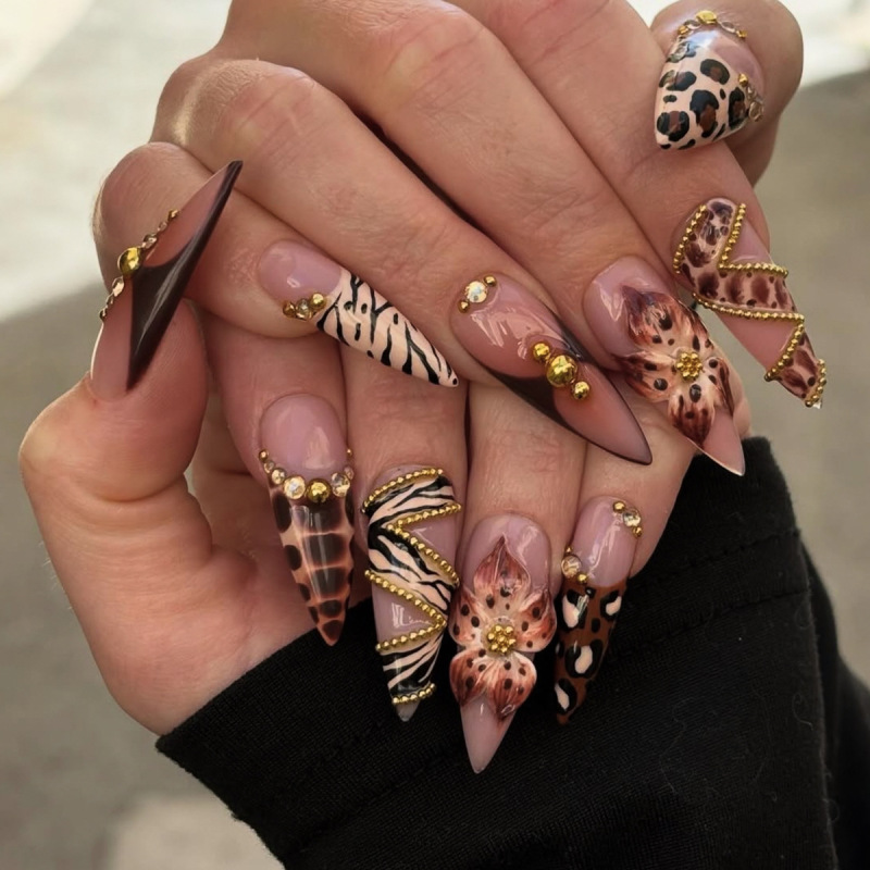 Cross-Border European and American Style Long Pointed Leopard Print Chain with Three-Dimensional Floral Zebra Pattern and Diamond-Encrusted Design, Detachable False Nails