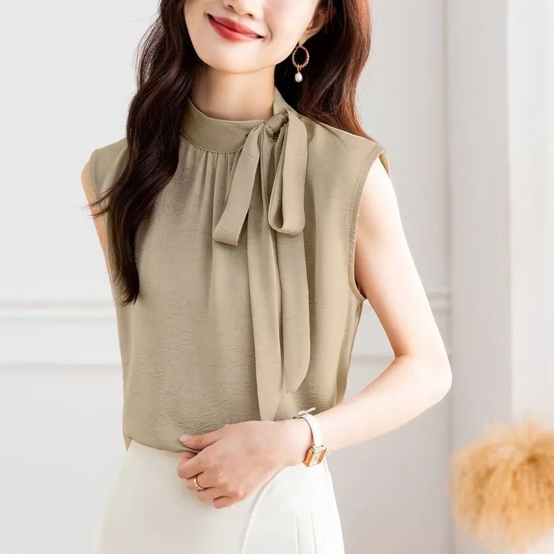 French-Style Beautiful Chiffon Sleeveless Shirt for Women, New Summer Bow-Tie Blouse, Halter Neck Tank Top for Women, Outerwear Top for Women French-Style Beautiful Chiffon Sleeveless Shirt for Women, New Summer Bow-Tie Blouse, Halter Neck Tank Top for Women, Outerwear Top for Women