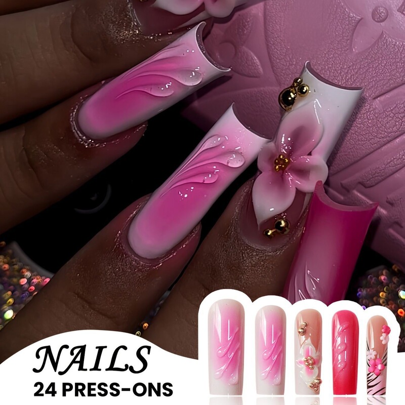 Cross-border Hot Sale Square False Nail Long Pink Three-dimensional Water Ripple Sweet Flower Wear Armor Finished Products Wholesale Cross-border Hot Sale Square False Nail Long Pink Three-dimensional Water Ripple Sweet Flower Wear Armor Finished Products Wholesale