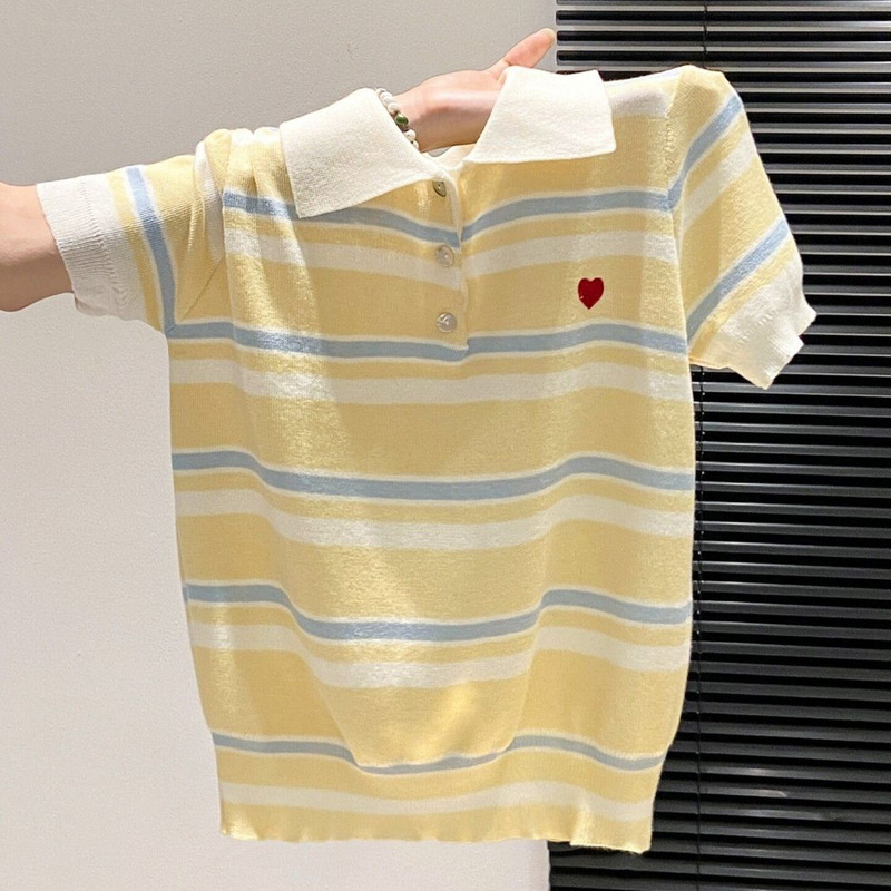Contrast Color Striped Polo Collar Short-Sleeved Knitwear for Women Summer New Style Heart Embroidered Loose Slimming Look Preppy Style Top