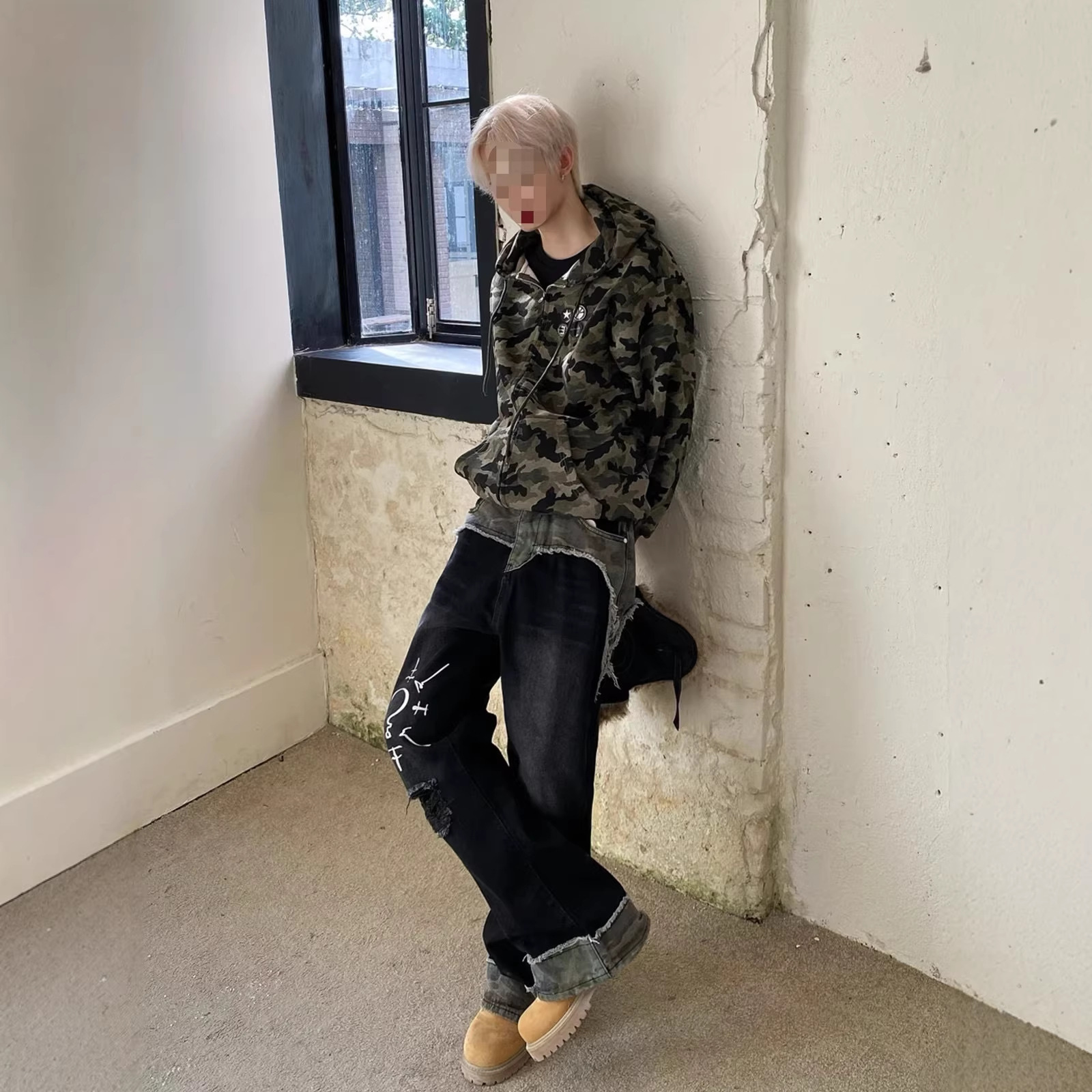 European And American Hip Hop Niche Patchwork Jeans Men's American Street Style Loose Casual Washed Ripped Straight Leg Jeans_mkmklike.com