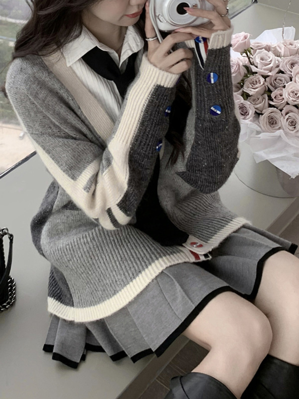 伊利诺夫学院风彩点混纺高克重羊毛马海毛开衫外套女|undefined
