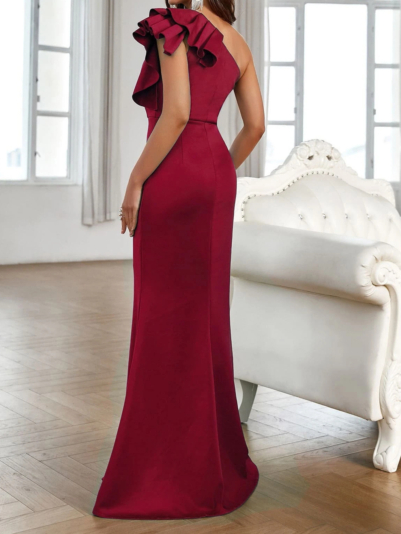 Women's Clothing one shoulder ruffled slit fishtail hem prom bridesmaid dress banquet wedding engagement dress_autovado.com