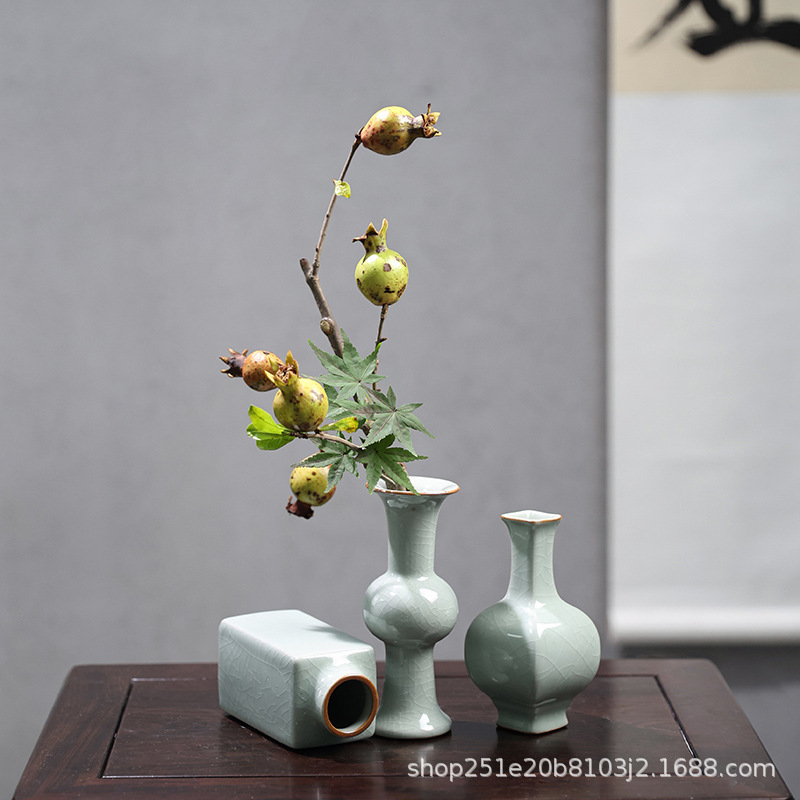 哥窯陶瓷小花瓶瓷器擺件插花客廳復古裝飾花器銅錢草綠蘿水培器皿