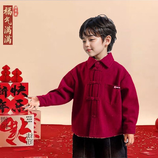 National style red button coat children handsome lapel corduroy jacket 2024 new winter fleece-lined clothes