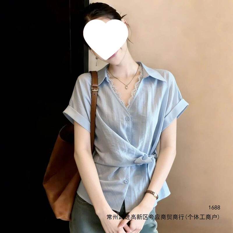 Lace-trimmed V-neck irregular tie short-sleeve shirt for women, summer plus-size slimming top for curvy women Lace-trimmed V-neck irregular tie short-sleeve shirt for women, summer plus-size slimming top for curvy women