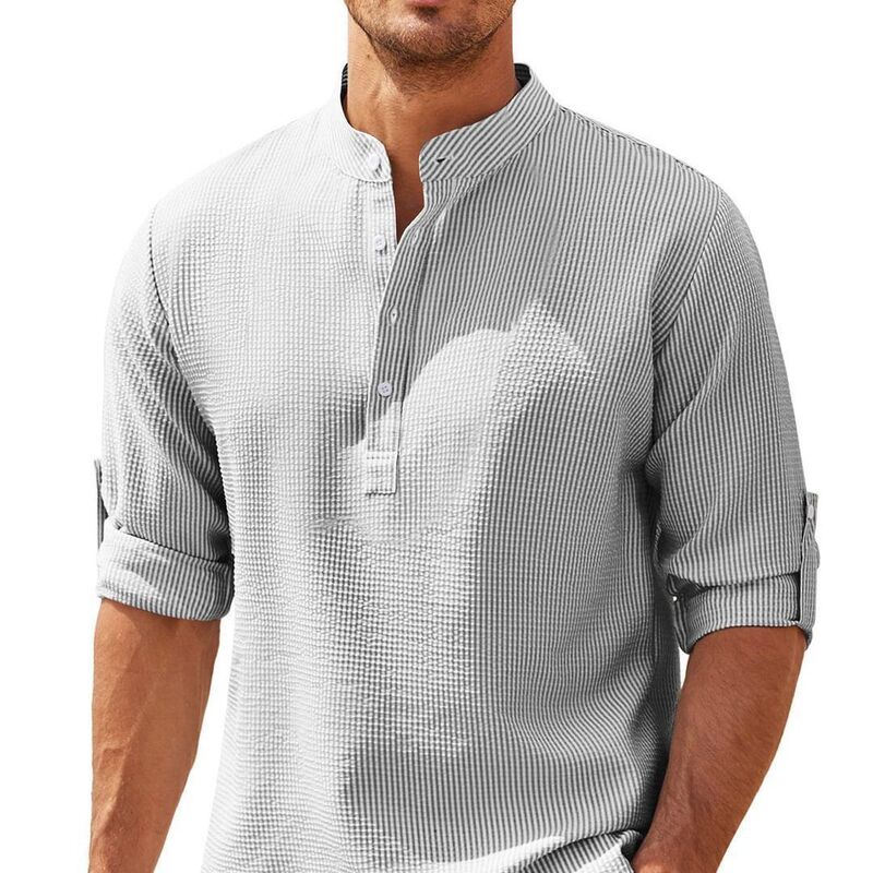 Simon Lainer European and American New Style Men's Long-Sleeve Shirt with Stand Collar and Half-Button Design, Men's Casual Shirt Top Pineapple