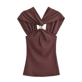 外贸批发春季新款欧美风金色镶饰挂脖领修身上衣4938116