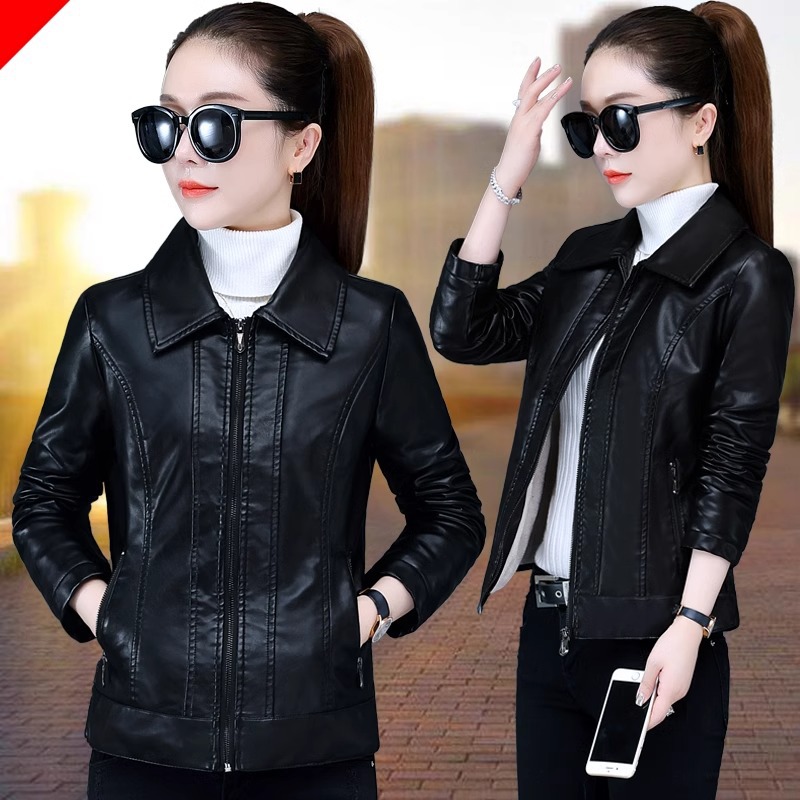 Short Leather Jacket for Women, Fleece-Lined and Thickened, 2025 New Autumn and Winter Fashion Turn-Down Collar Women's Top