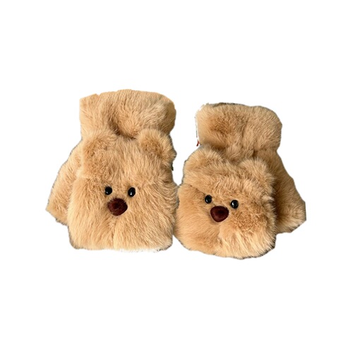 Cute Bear Fleece Half-Finger Foldable Gloves for Women - Winter Student Writing, Cycling, Windproof, Coldproof, Warm and Cozy Cotton Gloves