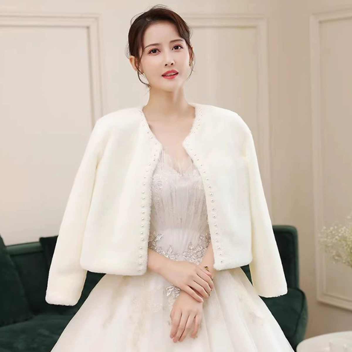 Свадебная Шаль Зима с длинным рукавом из бисера в стиле Шанель плюшевое свадебное теплое пальто женское плюс размер Внешняя торговля трансграничная