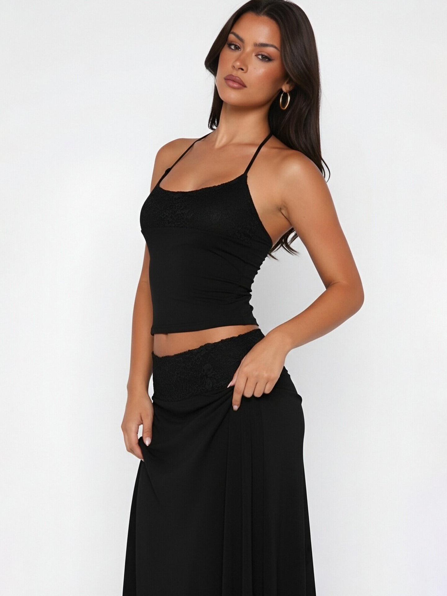 European And American Temperament Elegant Lace Small Suspender Top Mesh Lace Short Skirt Skirt Set_ecoleips.com