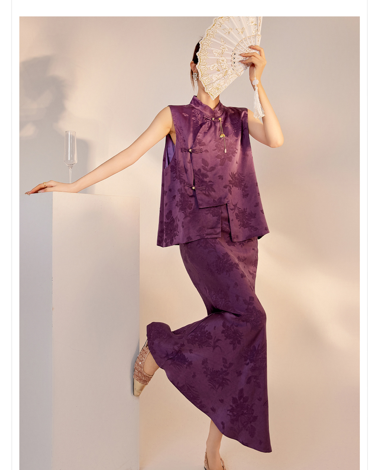 Bộ áo vest và váy in họa tiết tím phong cách Tân Trung Quốc đầu thu nữ M7085 — Váy nửa, Áo gilê chi tiết 15