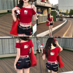 赤中空刺繍レース斜め肩半袖 Tシャツ女性の夏のチェック柄偽ツーピースホットガールスリムショートトップ