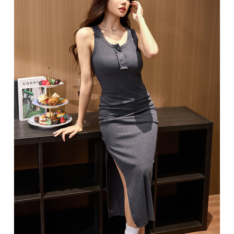 High-grade 260g high-quality thick threaded cotton vest dress women's summer slim slit slim suspender skirt over the knee High-grade 260g high-quality thick threaded cotton vest dress women's summer slim slit slim suspender skirt over the knee