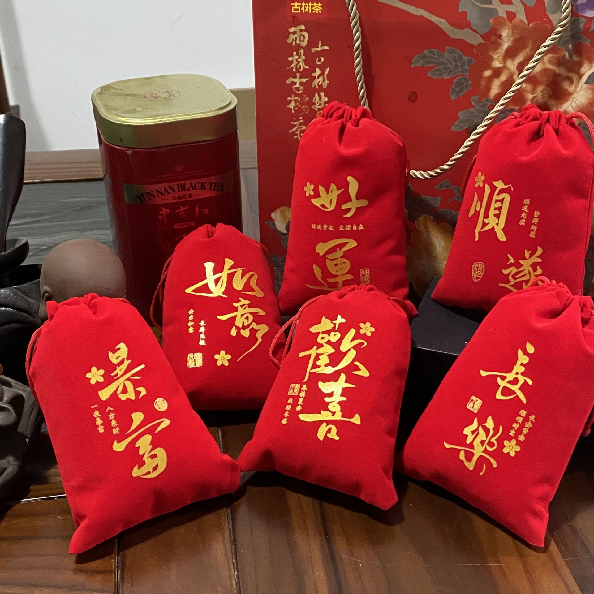 厂家直销中国风福袋礼品袋小布袋大红色布袋祈福平安小袋子礼物袋