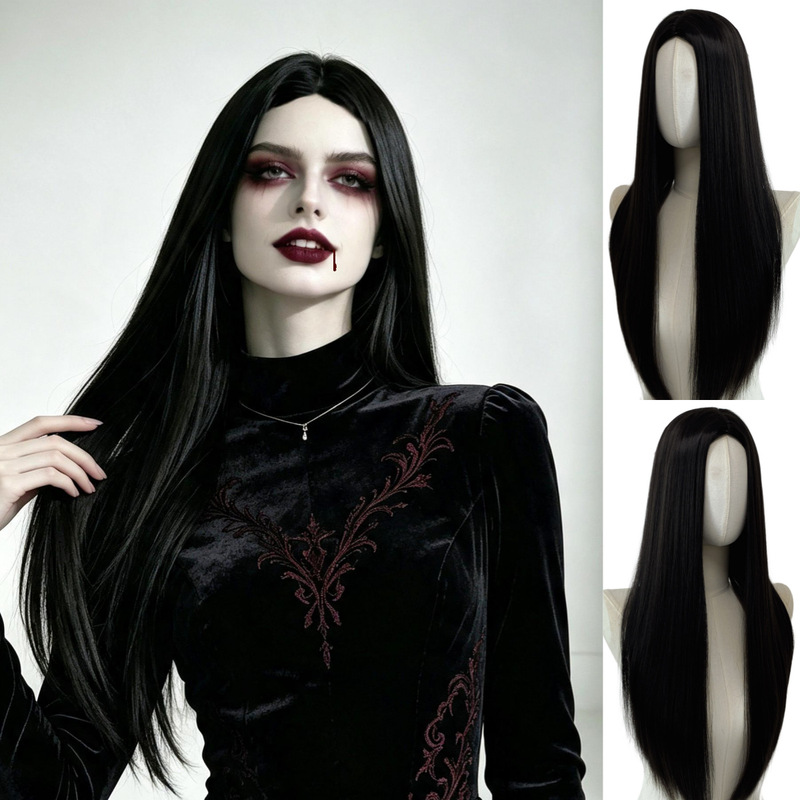European and American style middle-parted black long straight hair wig for Halloween vampire cosplay dark gothic style full headpiece European and American style middle-parted black long straight hair wig for Halloween vampire cosplay dark gothic style full headpiece