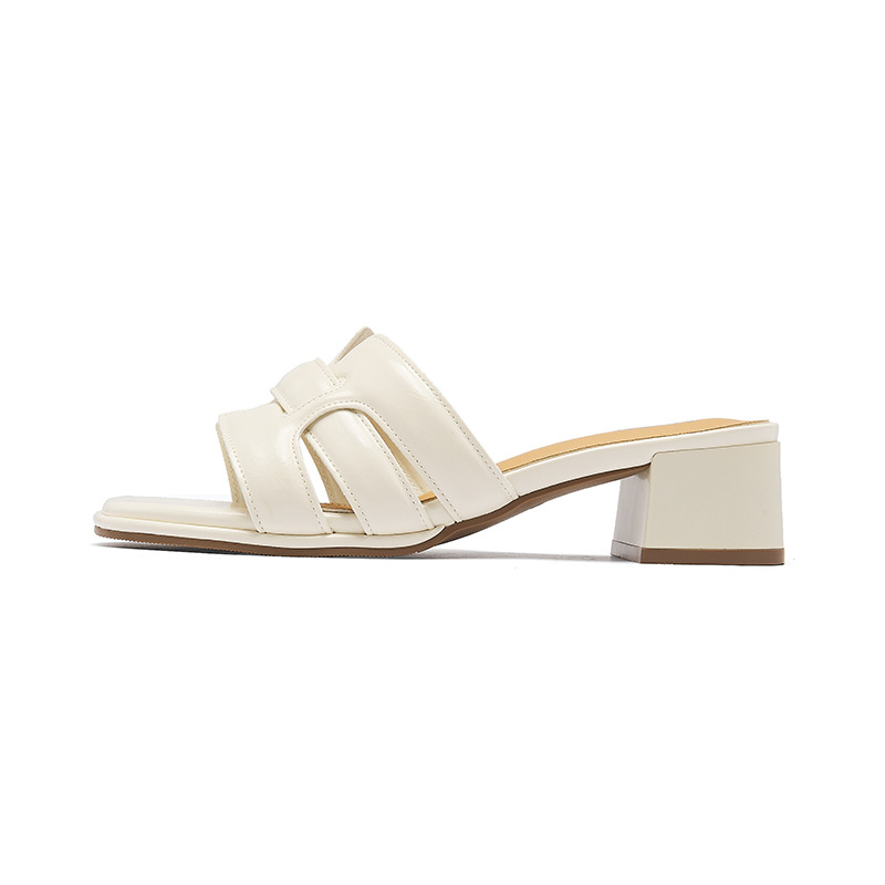 Augustion pantuflas de tacón alto para mujer 2025 verano ropa exterior cabeza cuadrada moda estilo francés retro una palabra sandalias y pantuflas de tacón grueso