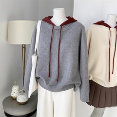 韩版简约撞色连帽抽绳女士针织衫外穿秋冬新款长袖套头毛衣女上衣