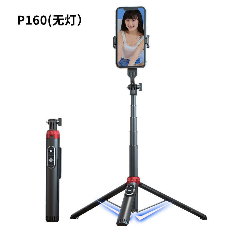 Directo de fábrica teléfono móvil soporte en vivo trípode tubo aleación Aluminio 1,6 M selfie stick Bluetooth control remoto Luz relleno