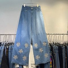 高级设计感重工花朵牛仔裤女2025外贸新款时尚阔腿显瘦直筒牛仔裤
