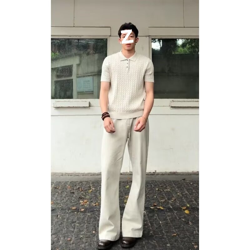 Knitted Polo Shirt for Men, Trendy Brand, Slim Fit, Elastic, Turn-Down Collar, Short Sleeve T-Shirt, Business Casual, Ice Silk Fabric, White
