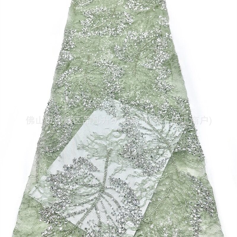 Nuevo encaje de hoja de arce hecho a mano tela de cuentas de clavado sequilla cola de pescado vestido de brindis cena anual vestido de tela en stock