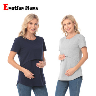 Loose Curved Design Breastfeeding Clothes Going Out Fashion Hot Mom Pregnant Women's Short-sleeved T-shirt Breastfeeding Clothes European and American plus size Women's Clothing