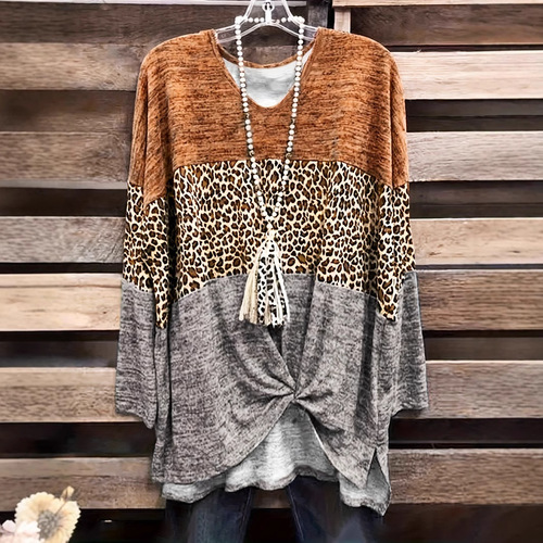A large quantity of Western and European plus-size women's V-neck leopard print color-blocked patchwork long-sleeved T-shirt tops