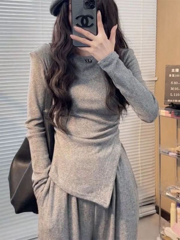 韩版收腰休闲秋款修身时尚上衣显瘦套装新款不规则直筒T恤两件套|undefined