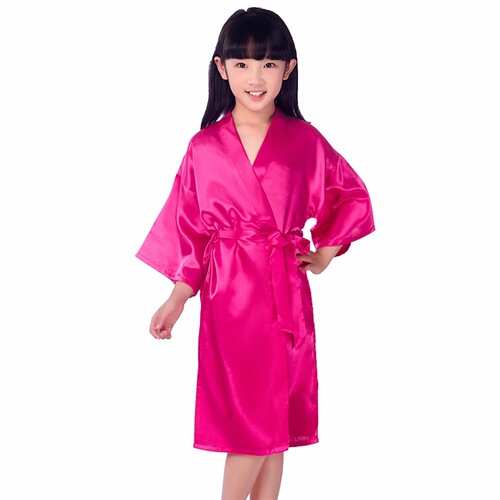 Children's Twisted Satin Silk Nightgown Bathrobe Medium and Large Children's Long Plain Glossy Summer Thin Cardigan Robe