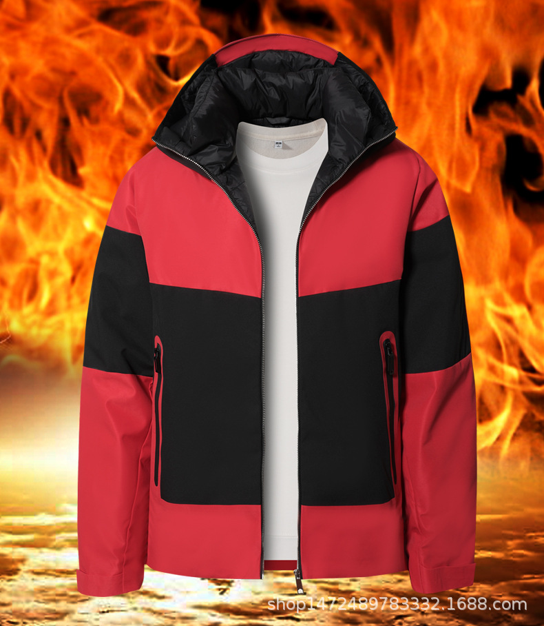 Hombre transfronterizo invierno encapuchado chaqueta juvenil de color contrastante campamento al aire libre impermeable chaqueta de pareja