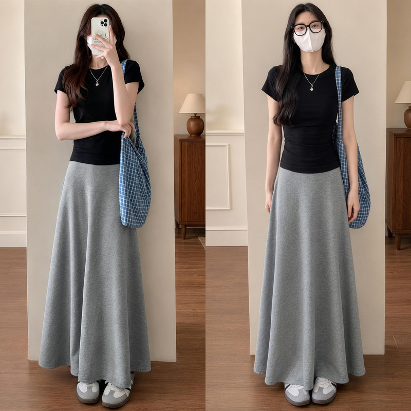 Gray high-waisted drapey knitted long skirt for women, summer loose-fitting slimming A-line casual skirt