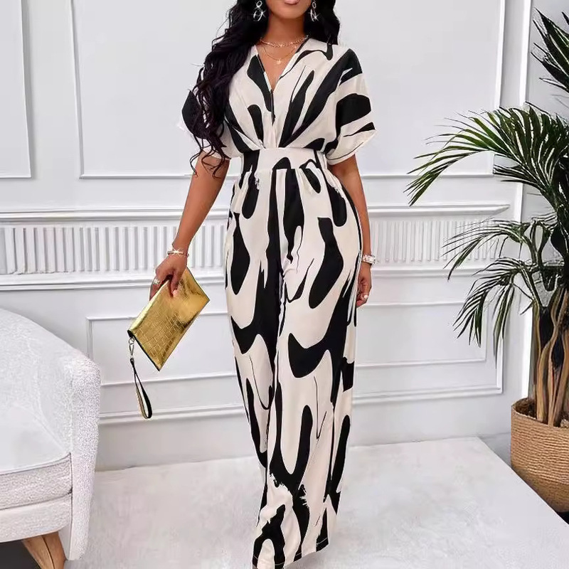 Cross-border 2024 Amazon AliExpress Europe and the United States spring and summer new short sleeve printed waist jumpsuit fashion wide leg women