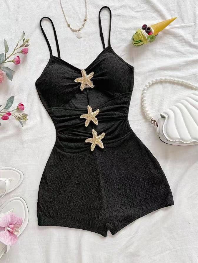 Textured Ruffle Strap One-Piece Swimsuit With Starfish Accent, Cutout Waist Design For Women's Vacation Hot Spring Wear_ecoleips.com