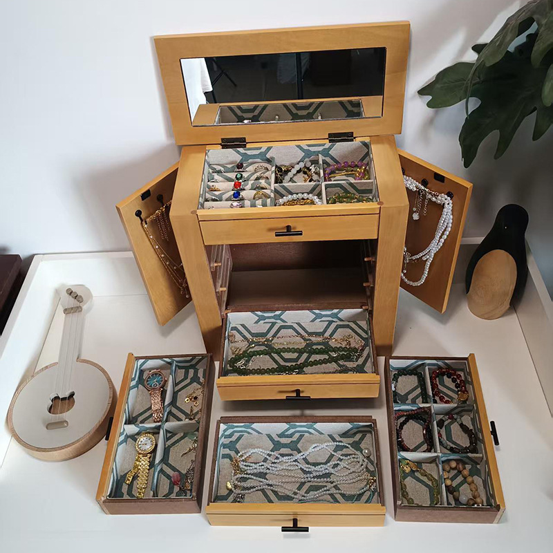 Caja de joyería de madera sólida en stock, caja de almacenamiento de joyería retro multicapa, regalo de boda, caja de joyería de madera de lujo ligera personalizada image 4