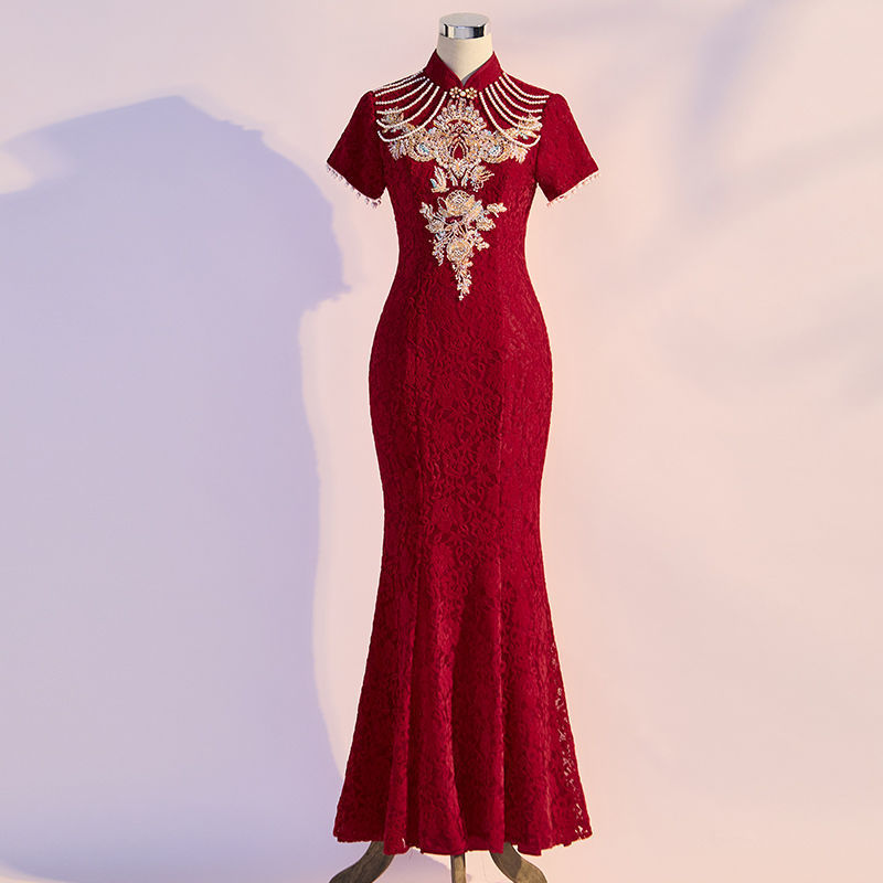 New Chinese-Style Cheongsam Toast Dress for Bride, 2025 Spring Fishtail Slimming Wedding Engagement Dress, Women's Homecoming Wine Red Dress New Chinese-Style Cheongsam Toast Dress for Bride, 2025 Spring Fishtail Slimming Wedding Engagement Dress, Women's Homecoming Wine Red Dress