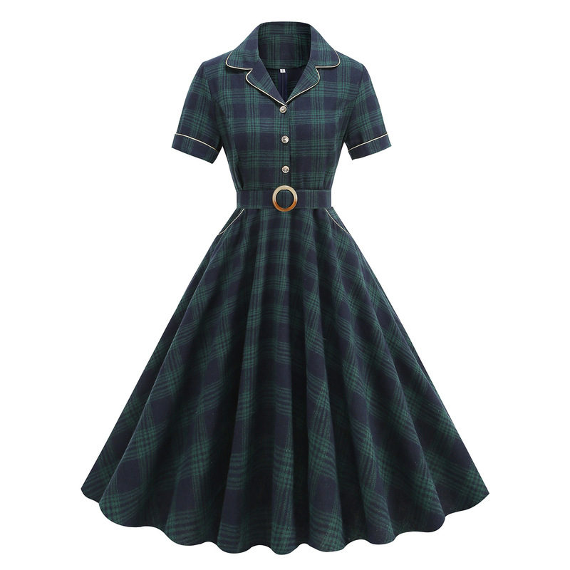 Christmas Hepburn Edge Fried Street Contrast Color Suit Collar Plaid Slim-fit Lace-up Large Swing Mid-length Retro dress Women