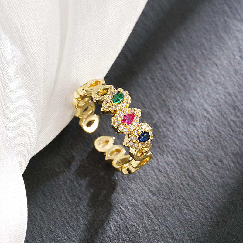 Gufa Sha oro galvanizado 18 quilates oro transfronterizo Europa y los Estados Unidos gota de agua zircon anillo abierto nicho de joyería de alta calidad